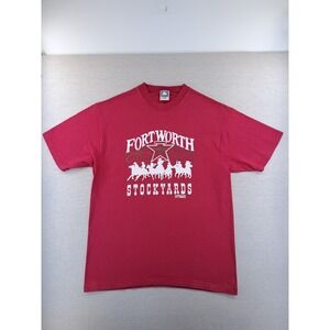 Vtg Anvil Cotton Deluxe T Shirt Large Red Fort Worth Stockyards Made USA